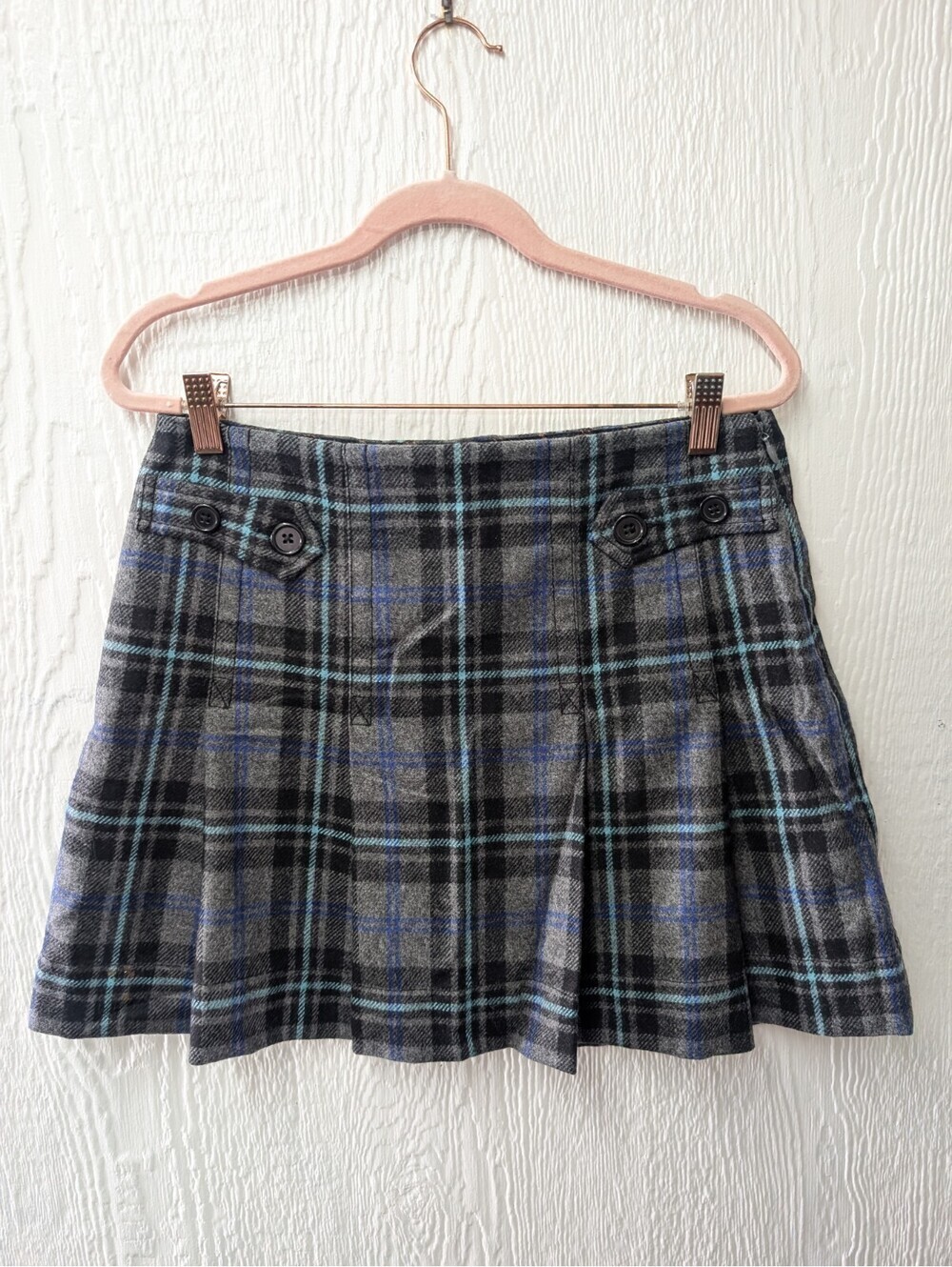 Vtg Y2K Gap Wool Blend Mini Skirt Blue Gray Plaid Goth Dark Academia Preppy 2
